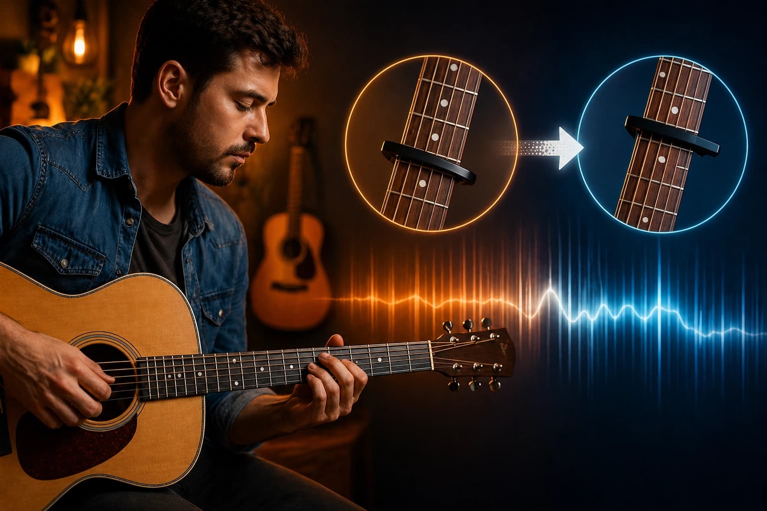 Person putting the capo on a different position on the guitar to match their vocal