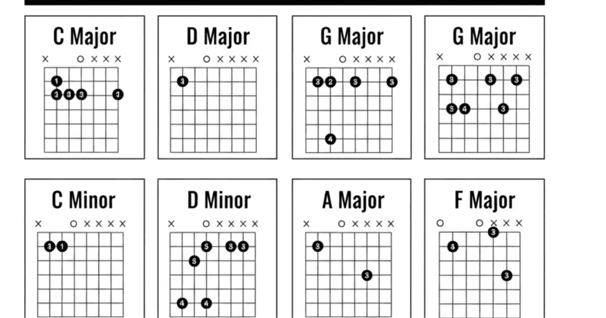 Simple guitar chord diagrams drawn on a whiteboard