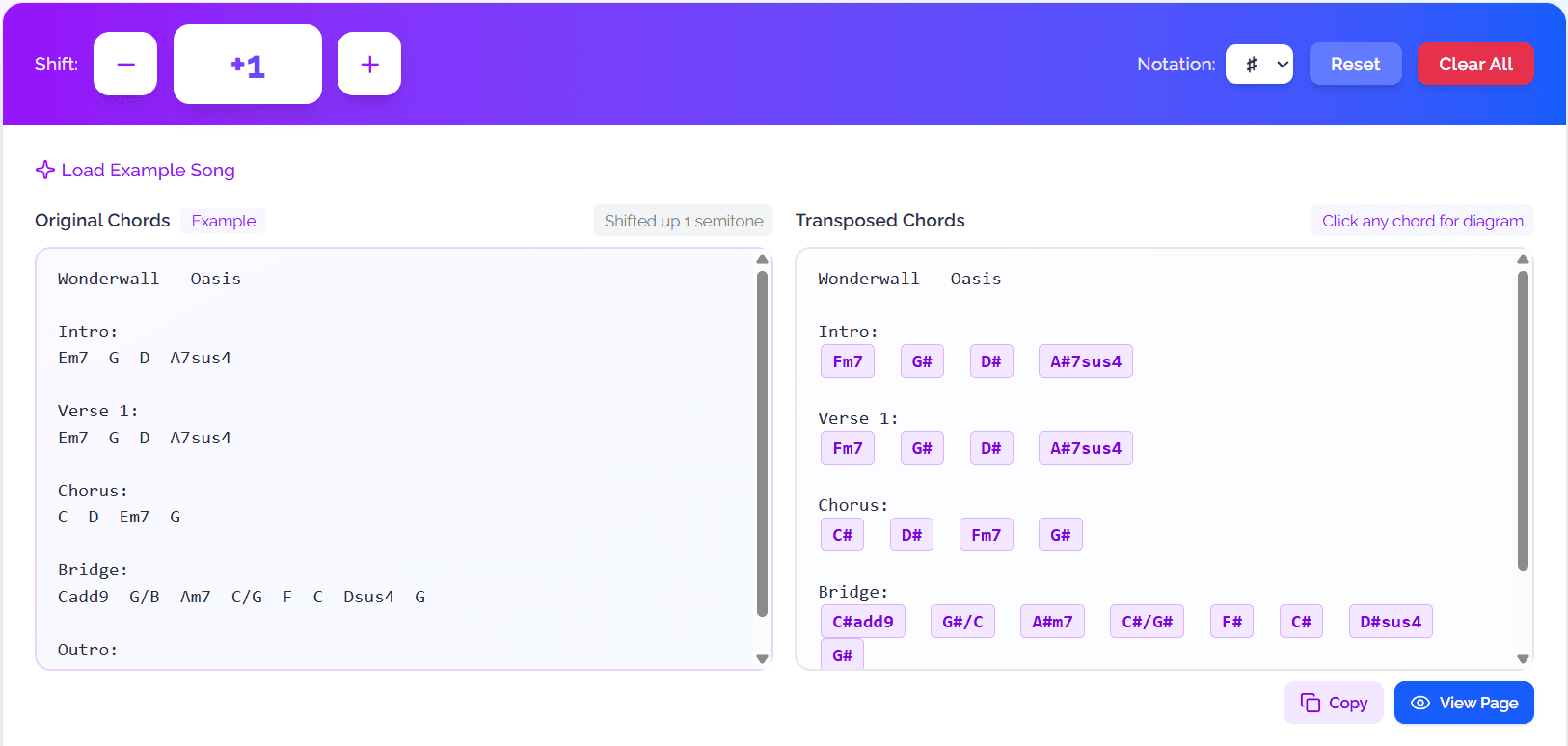 TransposeChord main interface showing chord transposition