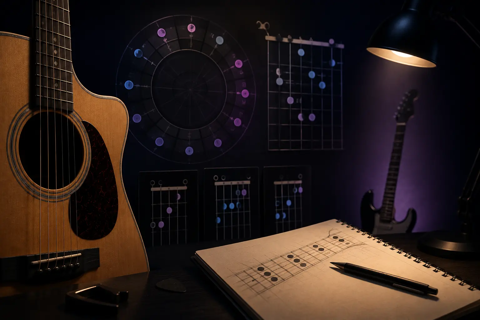Guitar chord diagrams showing open string positions and barre chord shapes