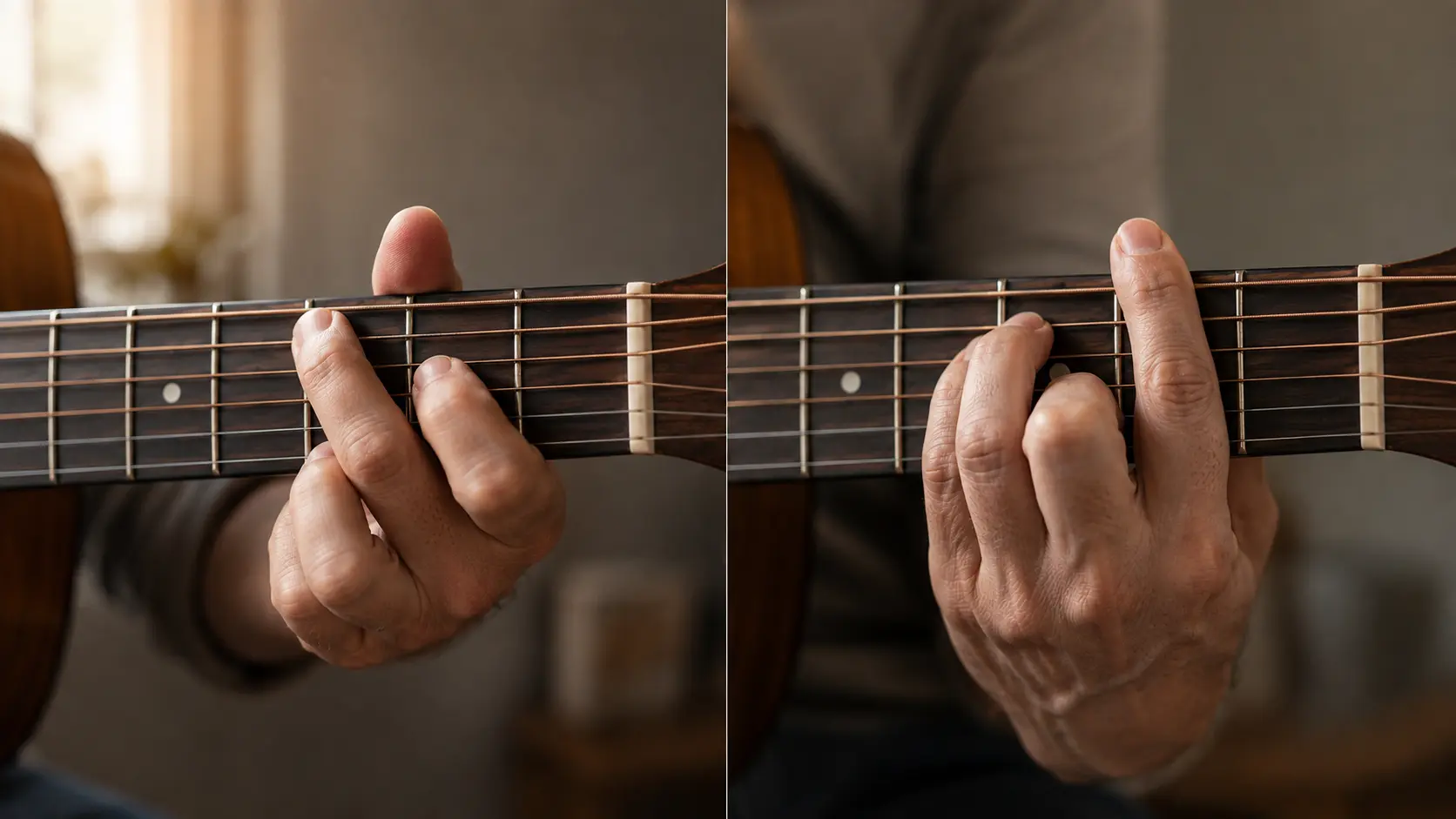 Guitar chord fingering diagrams showing open strings versus fretted barre positions