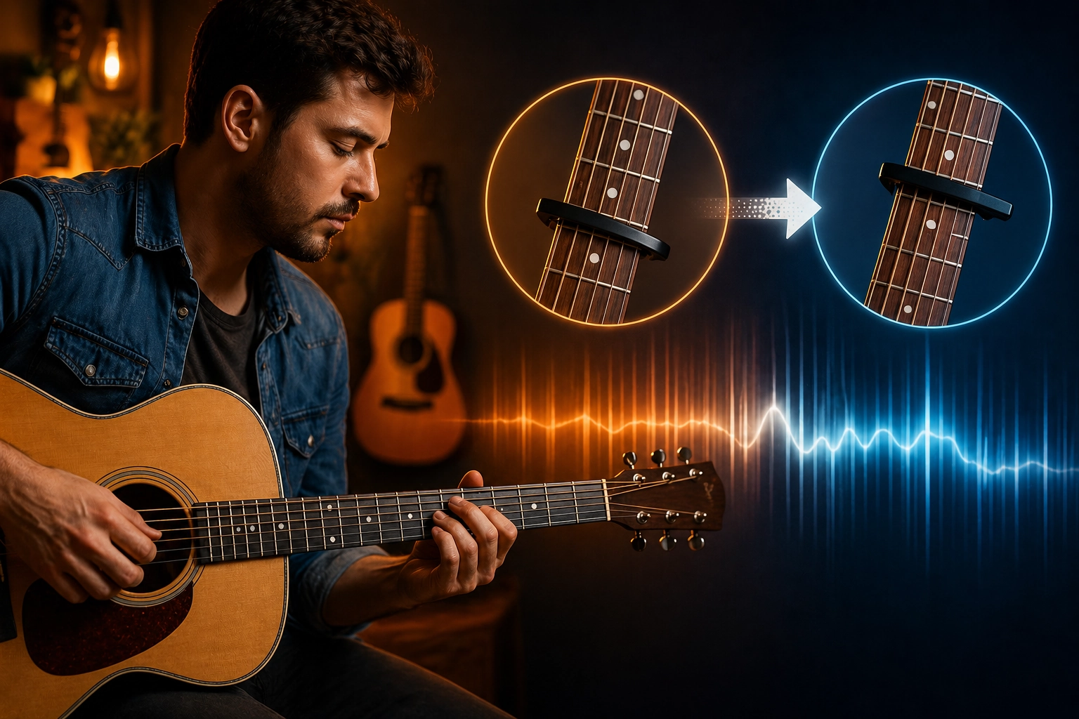 Person putting the capo on a different position on the guitar to match their vocal