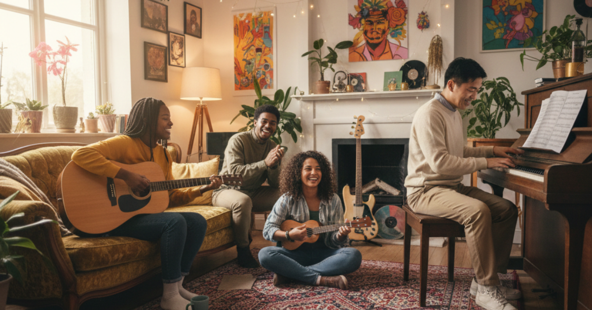 A group of musicians jamming together