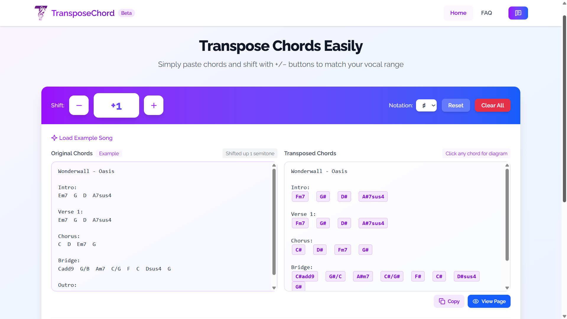 TransposeChord interface showing a chord sheet being shifted to a new key